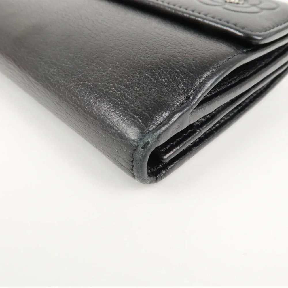 CHANEL Black Leather Camellia Wallet